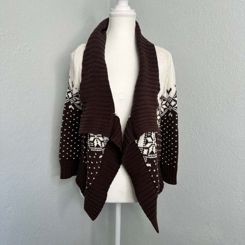 Decree Chunky Knit Winter Sweater Jacket Fair Isle Brown Cream Cottag Small